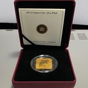 2011 Canada Proof Silver Gold Plated $3 Dollars Orca Whale Square Coin Wildlife